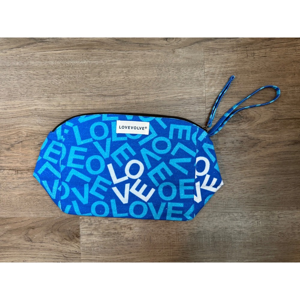 Lovevolve Blue‎ LOVE Typographic Canvas Cosmetic Travel Bag Wristlet Pouch Large